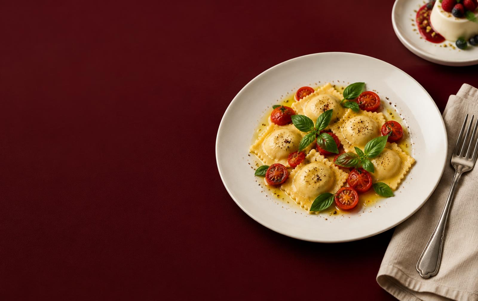 Raviolis au basilic et tomates, dressés sur une assiette